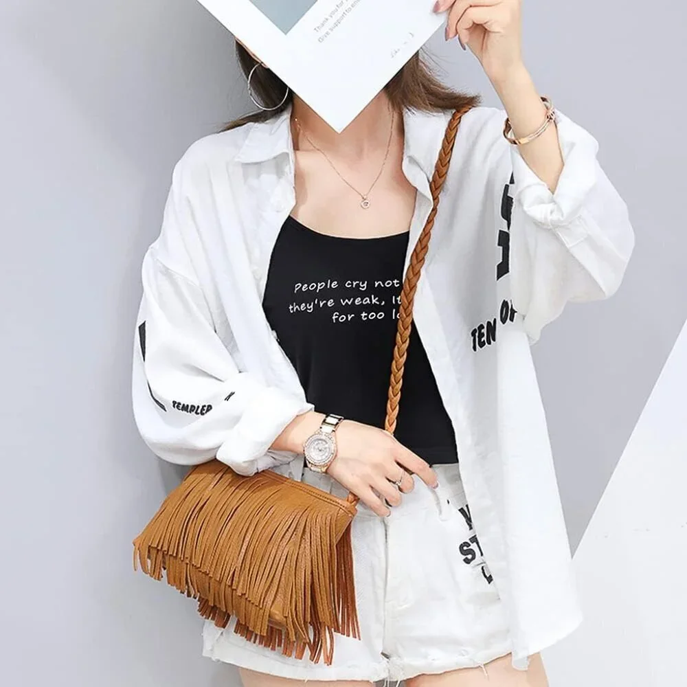 Fringe Crossbody Bag Bohemian Leather Small Shoulder Purse for Women